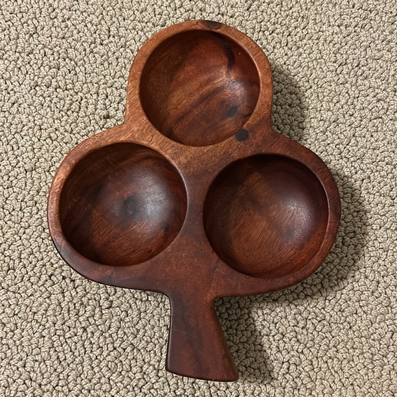 Vintage Hand Carved Solid Wooden Bowl Clover Shaped Three Divided Compartments - Picture 3 of 5